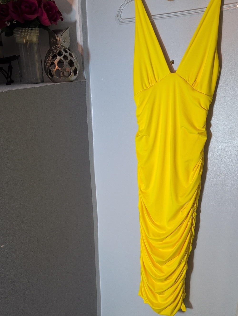 Yellow Ruched V-Neck Bodycon Dress